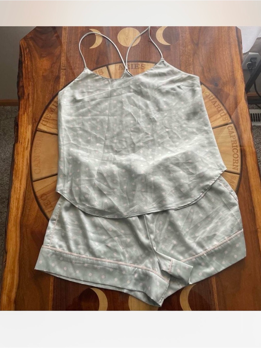 Victoria’s Secret Pajama Set Light Blue White Polka Dots Sleepwear Flowy Satin